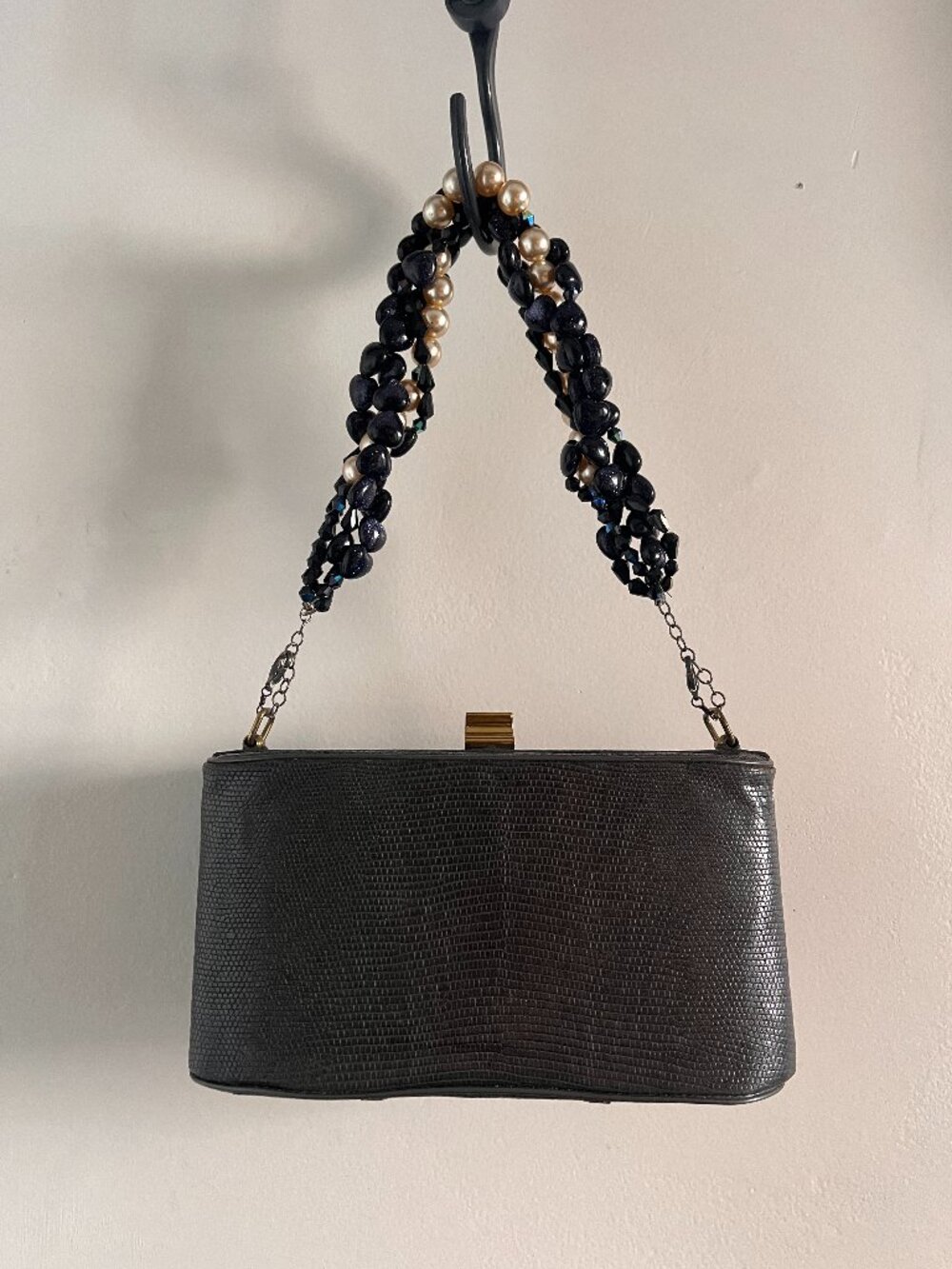 Vintage Black Lizard Leather Beaded Handle Bag c1960s